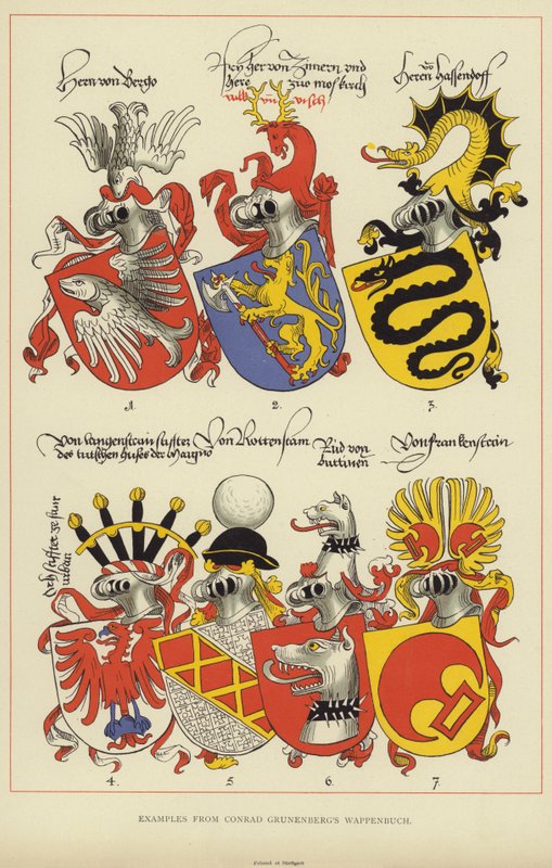 Esimerkkejä Conrad Grunenbergin Wappenbuchista (värilitho) tekijältä English School