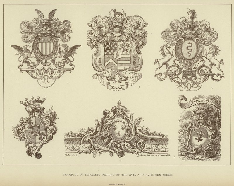Esimerkkejä XVII ja XVIII vuosisatojen heraldisista malleista (litho) tekijältä English School