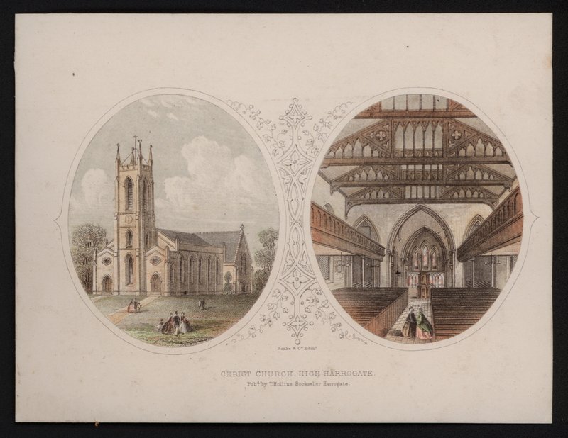 Christ Churchin ulko- ja sisänäkymät, Harrogate, Yorkshire (värillinen kaiverrus) tekijältä English School