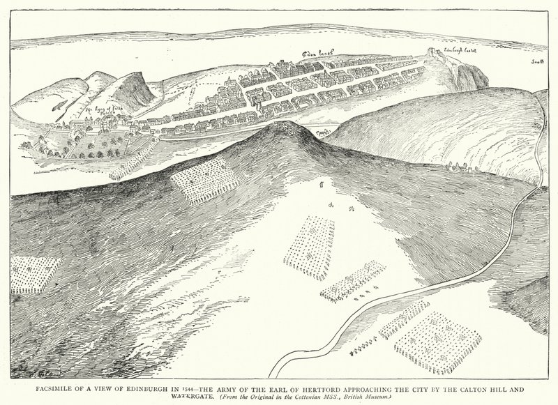 Faksimile näkymästä Edinburghista vuonna 1544, Hertfordin jaarlin armeija lähestyy kaupunkia Calton Hillin ja Watergaten kautta (kaiverrus) (kaiverrus) tekijältä English School
