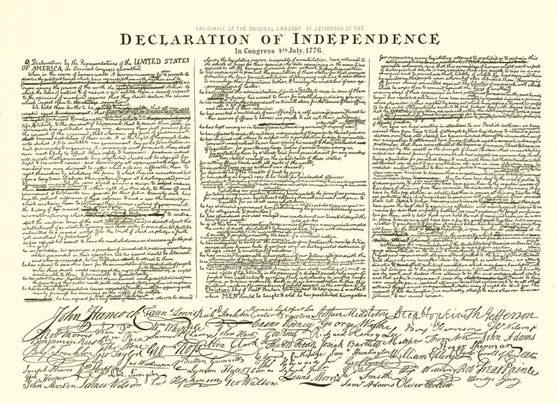 Faksimile Thomas Jeffersonin itsenäisyysjulistuksen alkuperäisestä luonnoksesta kongressissa 4. heinäkuuta 1776 tekijältä English School