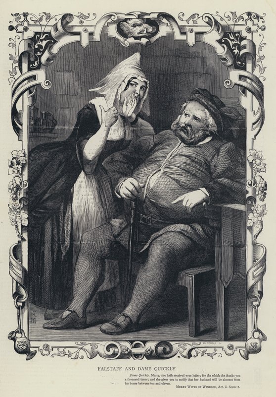 Falstaff ja Dame Quickly, Windsorin iloiset vaimot, toinen näytös, kohtaus 2 (kaiverrus) tekijältä English School