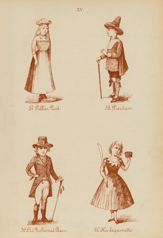 Naamiaisasut: Pillar Post, Puritan, Old Fashioned Bean, Harlequinette (litografia). tekijältä English School