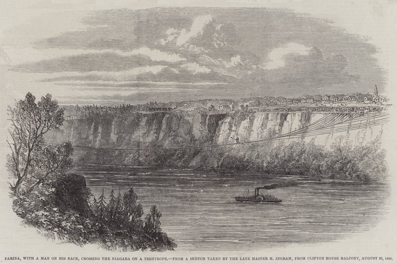 Farina, mies selässä, ylittämässä Niagaran köydellä, Clifton Housen parvekkeelta, 29. elokuuta 1860 (kaiverrus) tekijältä English School