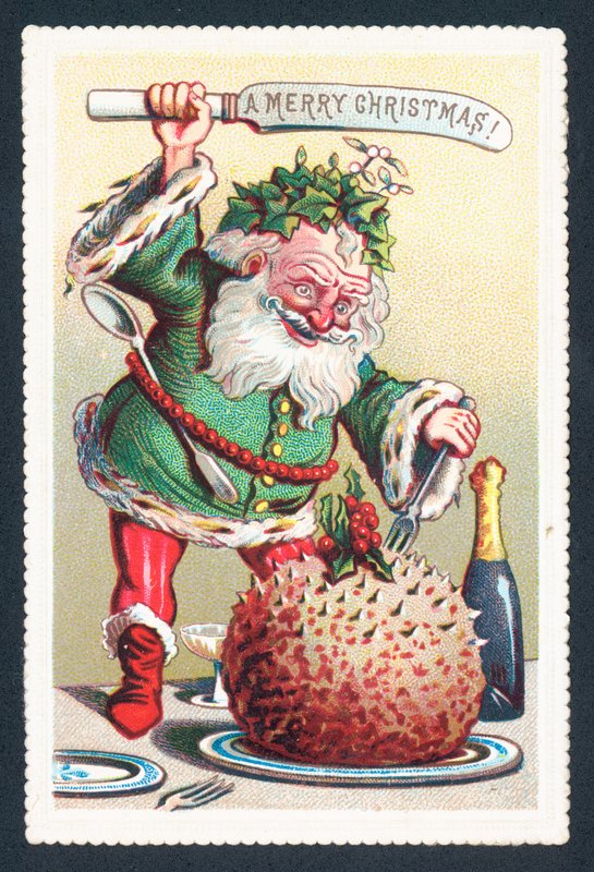 Joulupukki leikkaa Plum Pudding, joulukortti tekijältä English School