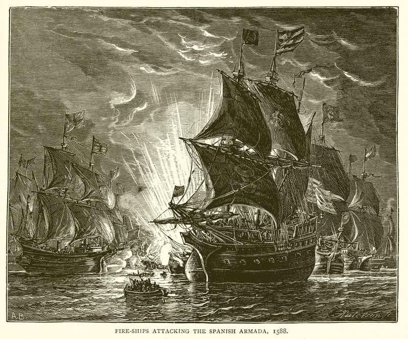 Palolaivoja hyökkäämässä Espanjan Armadaan, 1588 tekijältä English School