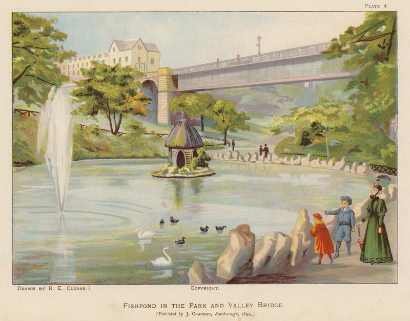 Kalalampi puistossa ja Valley Bridge, Scarborough (värilitro). tekijältä English School