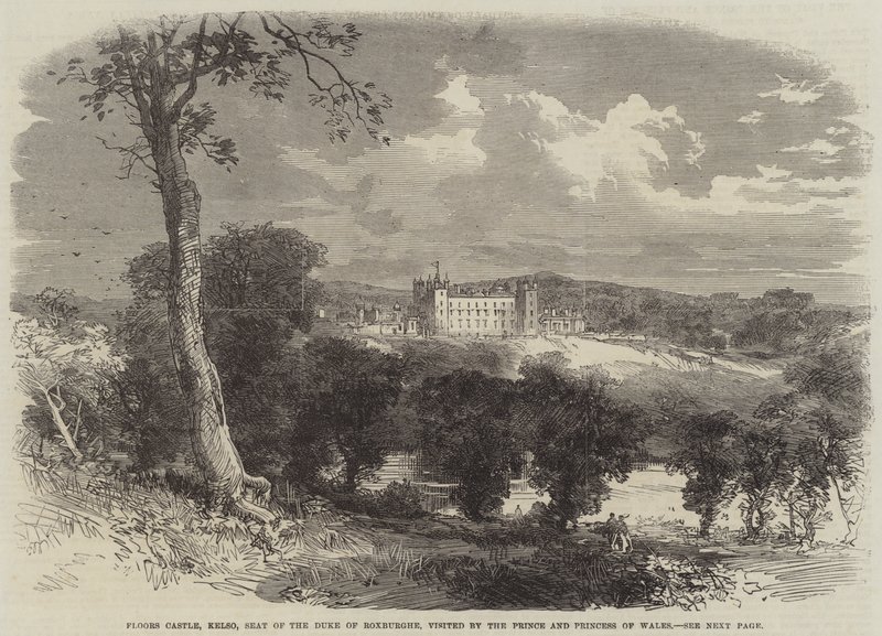 Floors Castle, Kelso, Roxburghen herttuan kotipaikka, Walesin prinssi ja prinsessa vierailevat (kaiverrus) tekijältä English School