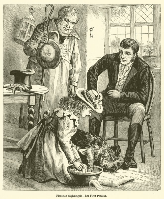 Florence Nightingale, hänen ensimmäinen potilaansa (kaiverrus) tekijältä English School