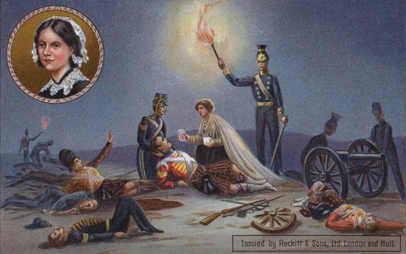 Florence Nightingale hoitamassa haavoittuneita brittisotilaita taistelukentällä, Krimin sota tekijältä English School