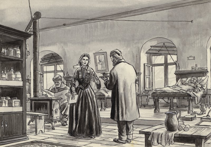 Florence Nightingale työskentelee Scutarin sairaalassa (guassi paperilla) tekijältä English School
