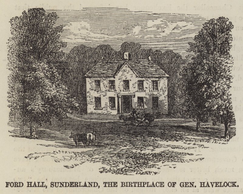 Ford Hall, Sunderland, kenraali Havelockin syntymäpaikka (kaiverrus) tekijältä English School