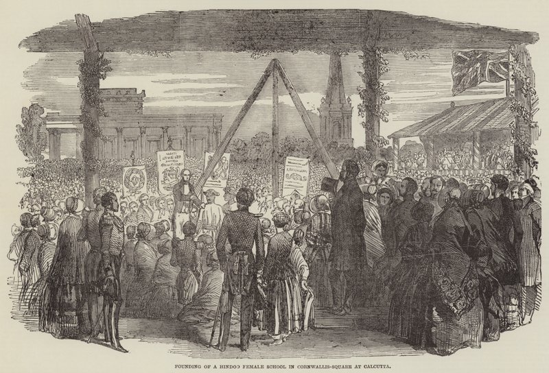 Hindoo-naiskoulun perustaminen Cornwallis-aukiolle Kalkuttaan (kaiverrus) tekijältä English School