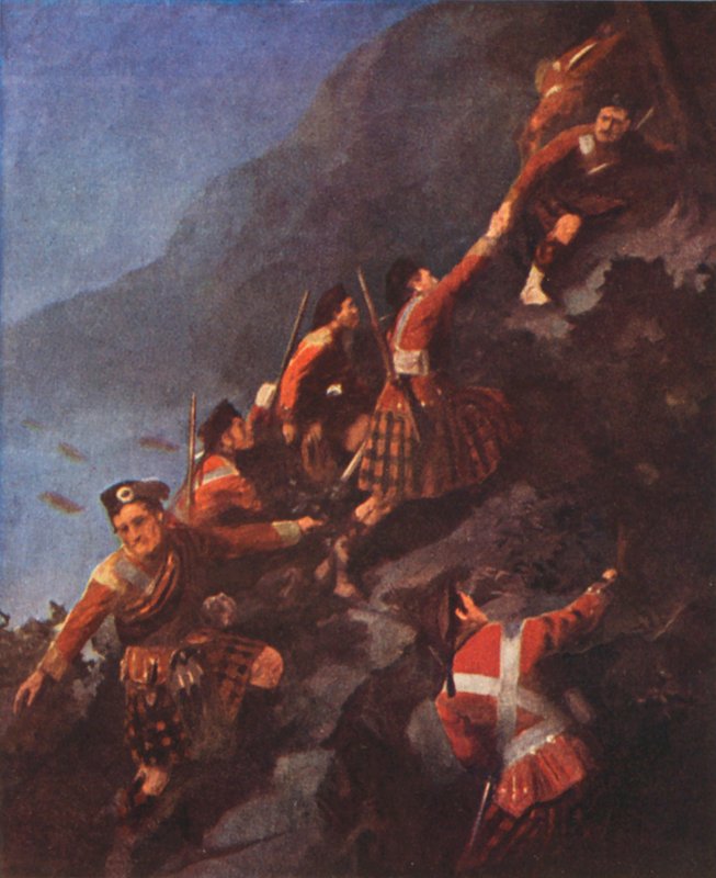 Fraser Highlanders rynnäköimässä Quebecin kukkuloille (värilitografia). tekijältä English School