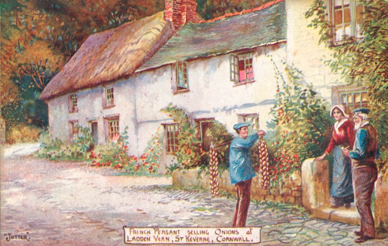 Ranskalainen sipulimyyjä, Ladden Vern, St Keverne, Cornwall (värilitho) tekijältä English School