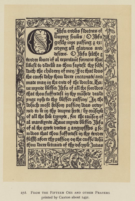 Caxtonin noin 1491 painamista viidestätoista rukouksesta (litho) tekijältä English School