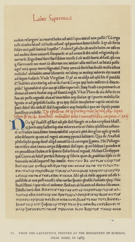 Lactantiuksesta, painettu Subiacon luostarissa, lähellä Roomaa, vuonna 1465 (litho) tekijältä English School