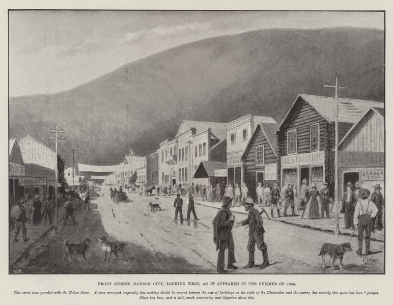 Front Street, Dawson City, joka näyttää lännestä, sellaisena kuin se esiintyi kesällä 1898 (kaiverrus) tekijältä English School