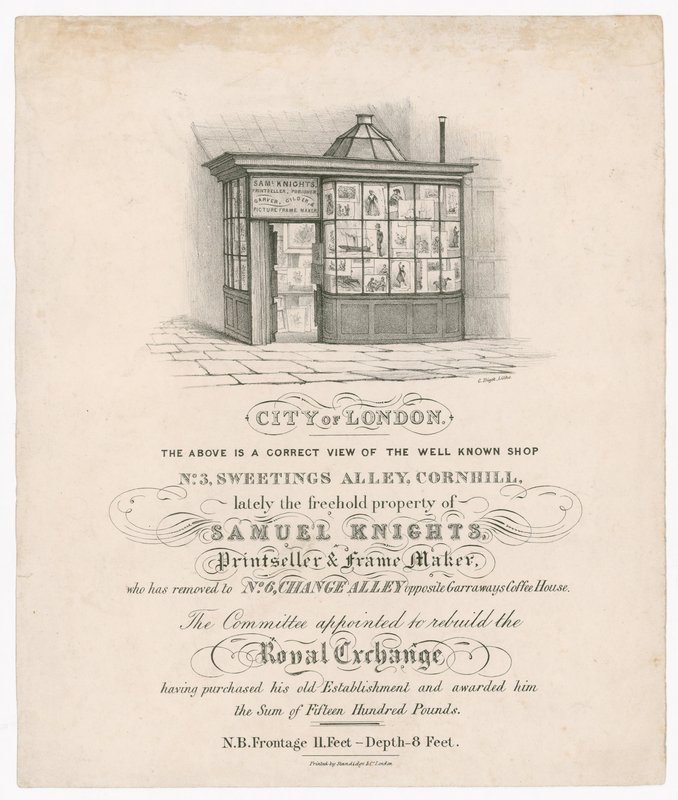 No 3:n etuosa, Sweetings Alley, Cornhill, äskettäin Samuel Knightsin, painomyyjän ja kehysvalmistajan omaisuutta tekijältä English School