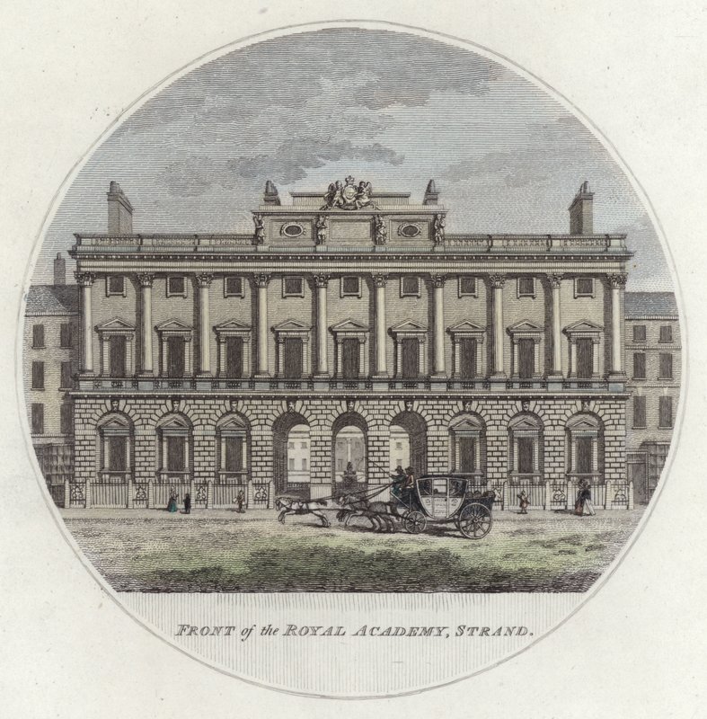 The Royal Academyn edessä, Strand, Lontoo (värillinen kaiverrus) tekijältä English School