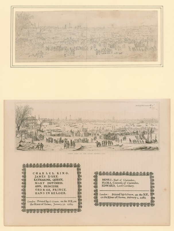 Frost Fair on Thames, painettu matkamuisto kuningas Kaarle II:lle ja perheelle, 1684 tekijältä English School