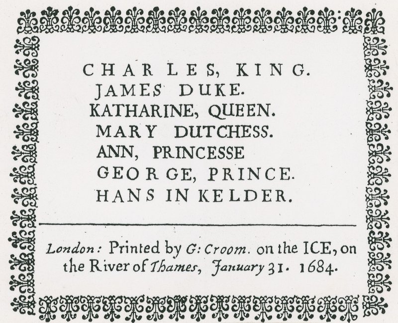 Frost Fair on Thames, painettu matkamuisto kuningas Kaarle II:lle ja perheelle, 1684 tekijältä English School