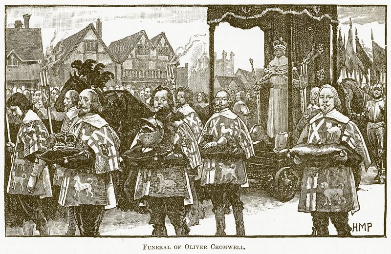 Oliver Cromwellin hautajaiset, kuvitus teoksesta The New Popular Educator, n. 1891 tekijältä English School