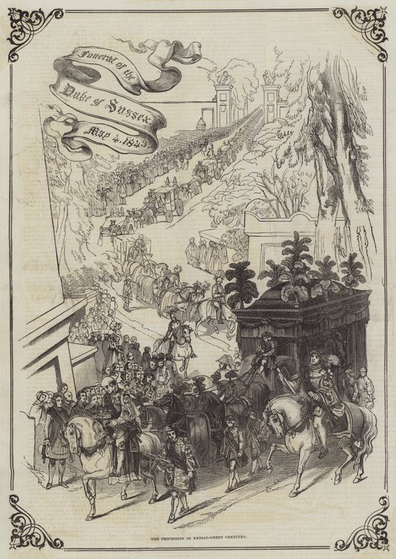 Sussexin herttuan hautajaiset, 4. toukokuuta 1843, kulkue Kensal-Greenin hautausmaalla (kaiverrus) tekijältä English School