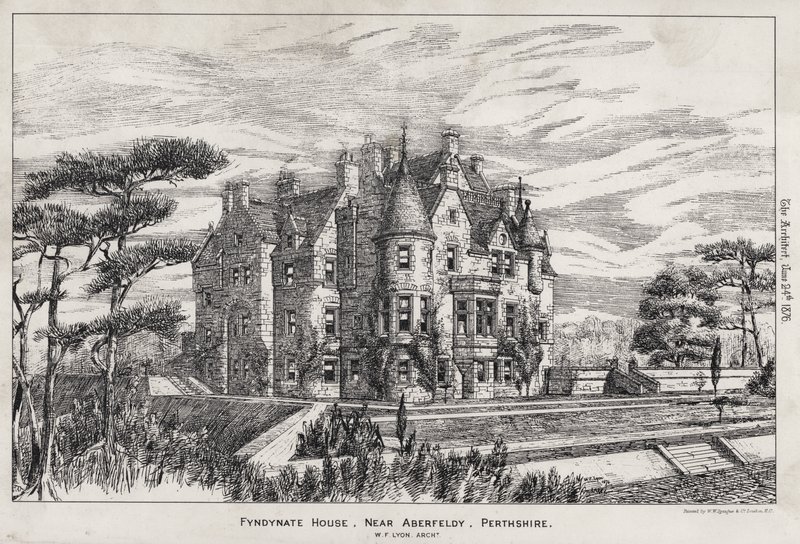 Fyndynate House, lähellä Aberfeldyä, Perthshire (kaiverrus) tekijältä English School