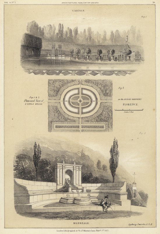 Puutarhat: Isola Bella Boboli Gardensissa, Firenzessä ja Monrealessa, Italiassa (litho) tekijältä English School