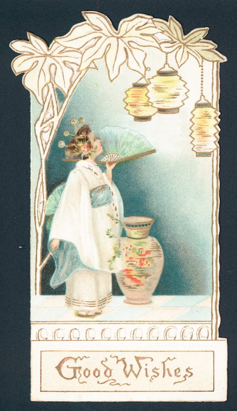 Geisha tyttö katselee lyhtyjä, joulukortti (chromolitho) tekijältä English School