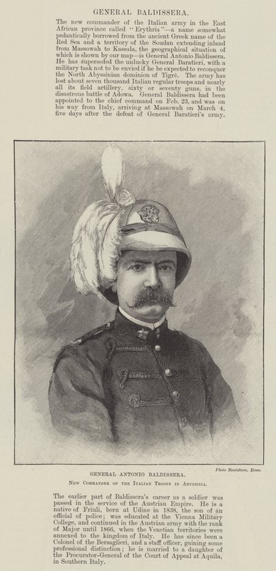 Kenraali Antonio Baldissera, Italian joukkojen uusi komentaja Abessiniassa (kaiverrus) tekijältä English School