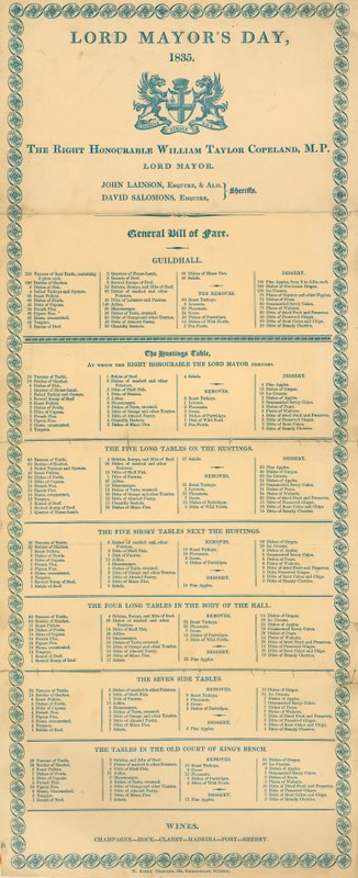 General Bill of Fare Lord Mayors Day, Guildhall, Lontoo, 9. marraskuuta 1835 tekijältä English School