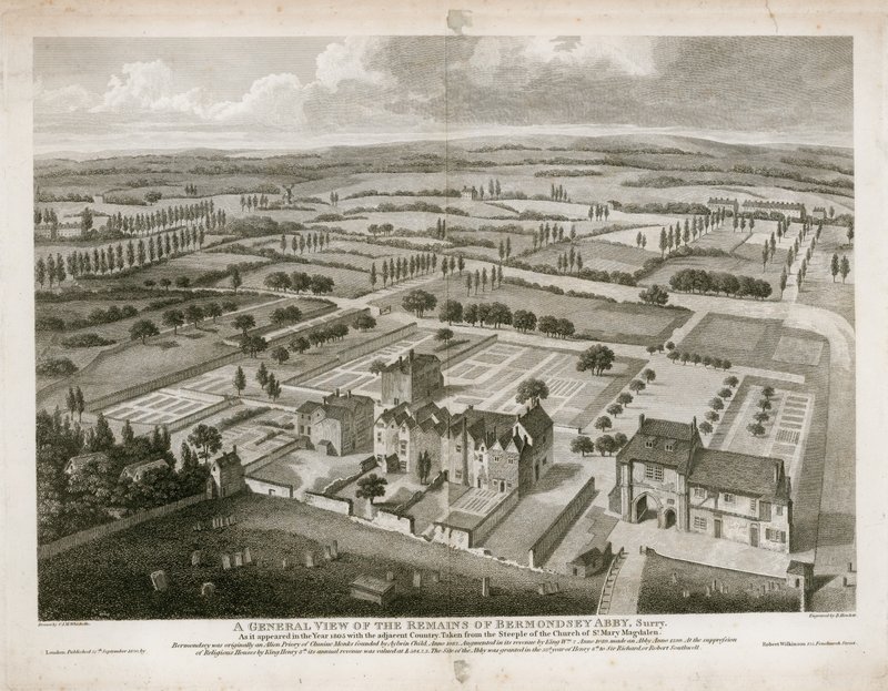 Yleiskuva Bermondsey Abbeyn jäänteistä sellaisena kuin se ilmestyi vuonna 1805 tekijältä English School