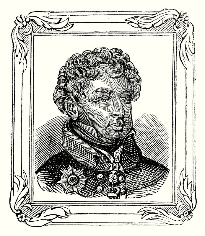 Yrjö Augustus Fredrik IV, Yrjö III:n poika, syntyi 12. elokuuta 1762, julistettiin 31. tammikuuta 1820 ja kruunattiin 19. heinäkuuta 1821 (kaiverrus). tekijältä English School