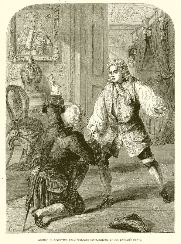 George II., joka saa Walpolelta isänsä tiedustelupalvelun tekijältä English School