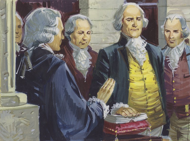 George Washington vannoi virkavalansa Yhdysvaltain ensimmäisenä presidenttinä New Yorkissa tekijältä English School
