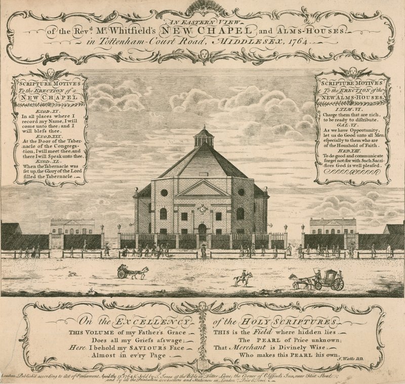 George Whitfieldin uusi kappeli ja almutalot Tottenham Court Roadilla, Lontoossa, 1764 tekijältä English School