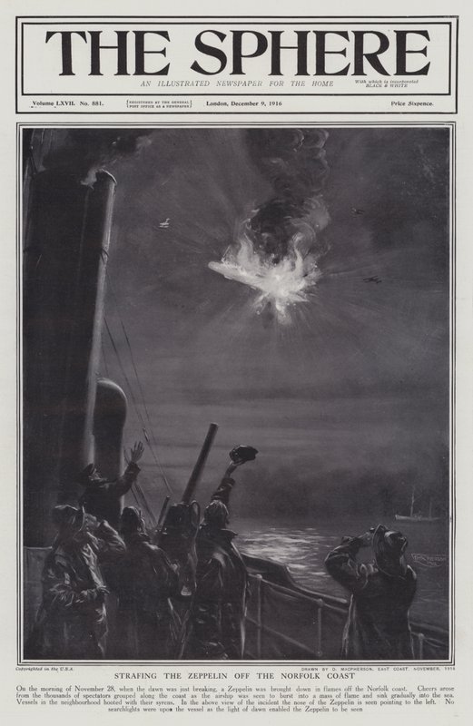 Saksalainen Zeppelin-ilmalaiva ammuttiin alas liekkeihin Norfolkin rannikolla, ensimmäinen maailmansota, 28. marraskuuta 1916 (litho) tekijältä English School