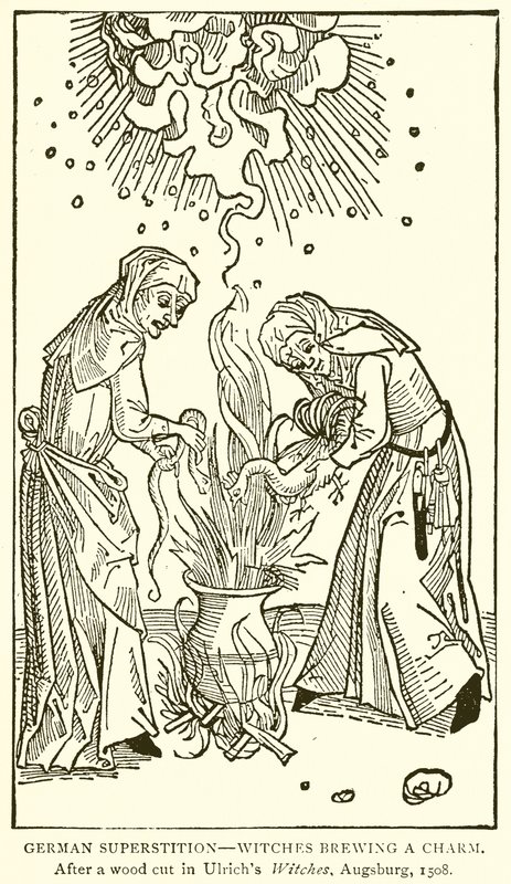 Saksalainen taikausko - Noidat valmistamassa charmia. Ulrichs Witchesissä, Augsburgissa vuonna 1508 tehdyn puunhakauksen jälkeen tekijältä English School