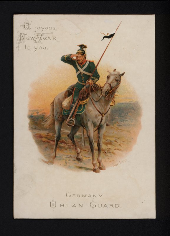 Saksalainen uhlan, uudenvuoden onnittelukortti, 1800-luvun loppu tai 1900-luvun alku (chromolitho) tekijältä English School