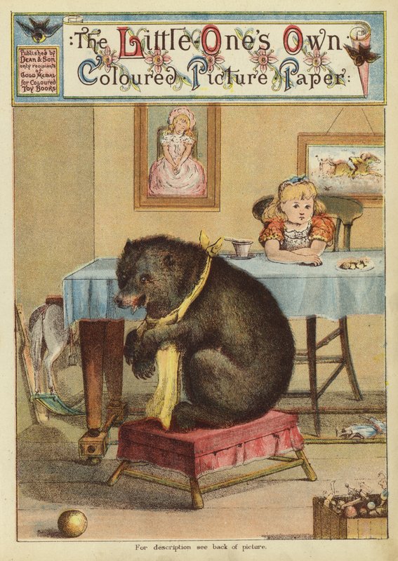 Tyttö pöydässä karhun kanssa (chromolitho) tekijältä English School