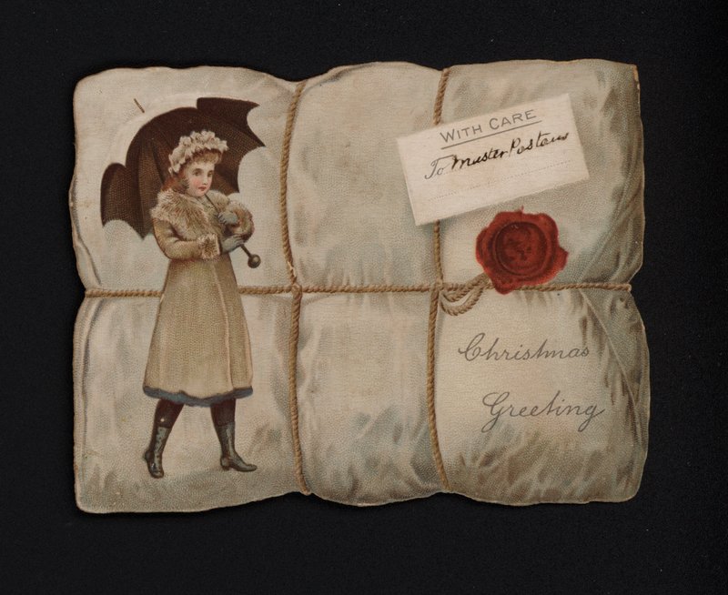 Tyttö sateenvarjoa kantamassa paketin kääreessä, joulutervehdyskortti, 1800-luvun loppupuoli tai 1900-luvun alku (kromoliitti) tekijältä English School