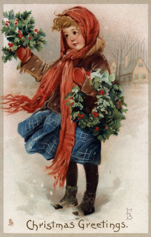 Tyttö myy holly- ja jouluseppeleitä (chromolitho) tekijältä English School