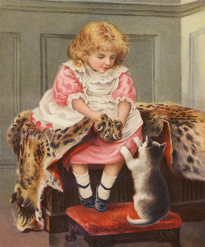 Tyttö, jolla on leopardinahka ja kotikissa (chromolitho). tekijältä English School
