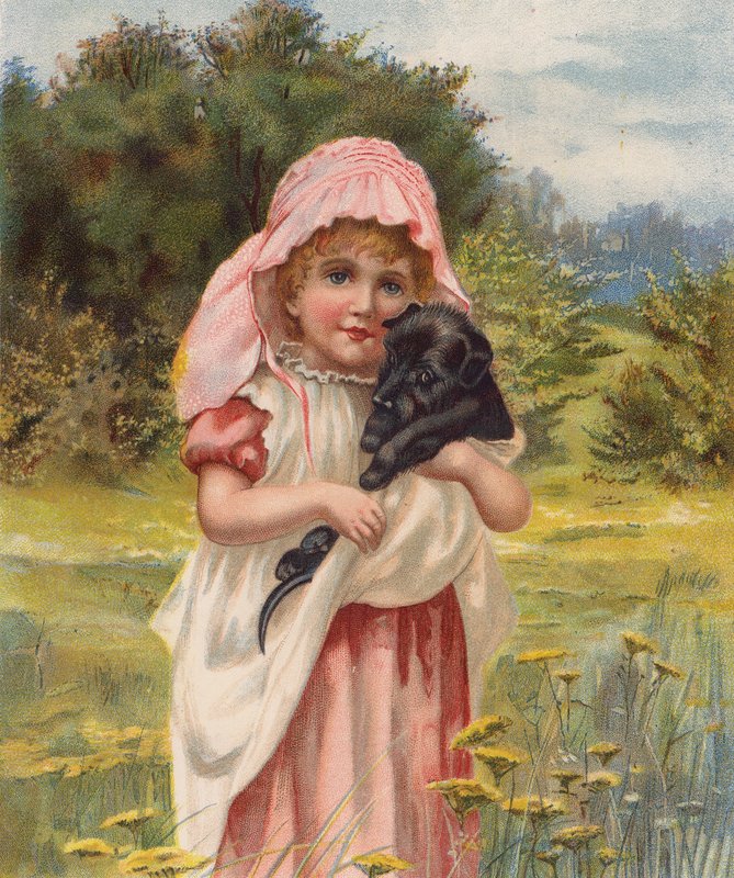 Tyttö koiranpennun kanssa (chromolitho) tekijältä English School