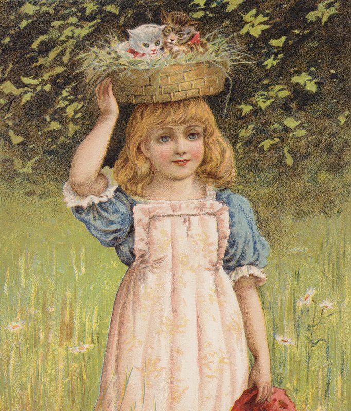 Tyttö ja leikkisät kissanpennut korissa (kromoliittinen) (chromolitho) tekijältä English School