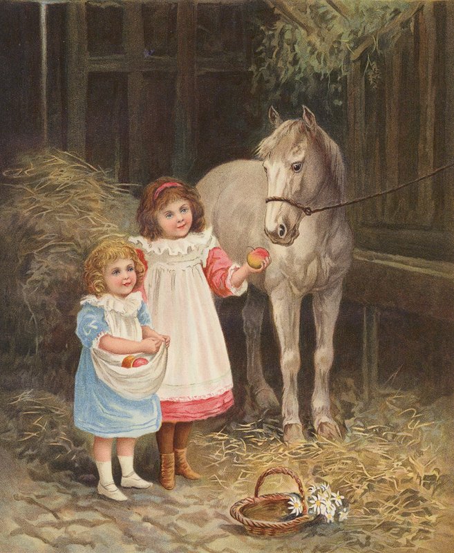 Tytöt syöttävät omenoita lemmikkihevoselle (chromolitho) tekijältä English School