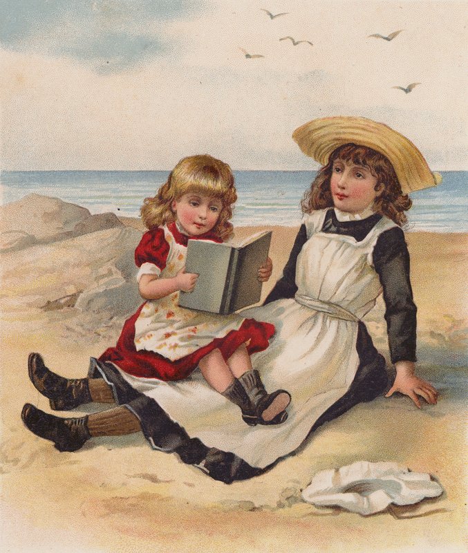 Tytöt lukemassa rannalla (chromolitho) tekijältä English School