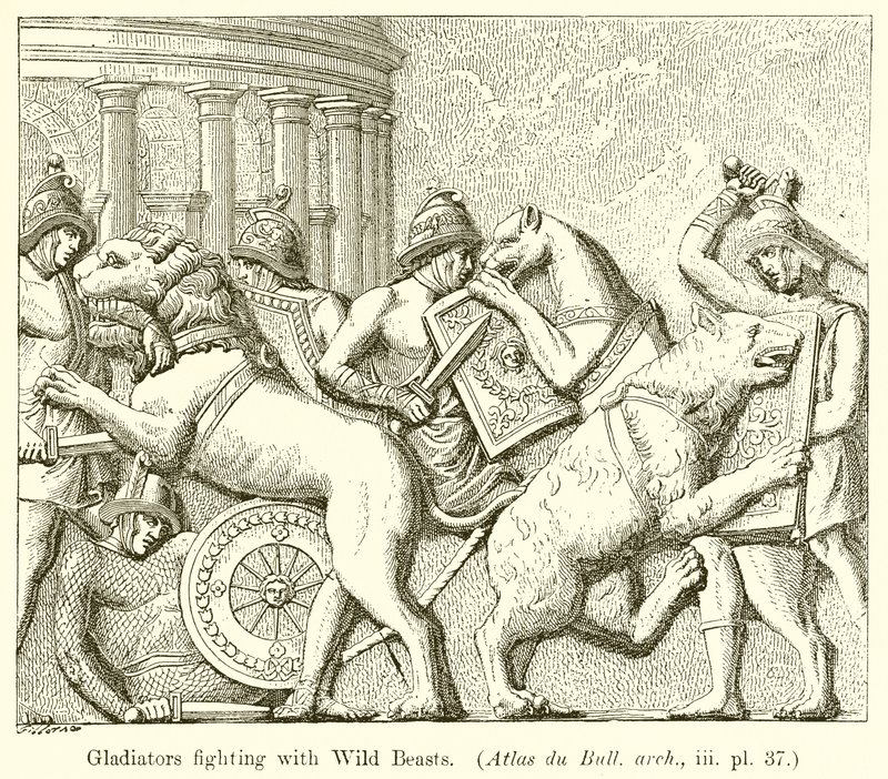 Gladiaattorit taistelevat villieläinten kanssa. (Atlas du Bull. arch., iii. pl. 37) tekijältä English School
